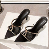Latest Fashion Estilo De Tacones Women Black Satin Pointed Toe Mules Rhinestone Crystal Slide Sandals Stiletto Heel