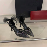 New Elegant Rhinestone Stiletto Heels Mesh Detail Bow Wedding Party Women Sandals