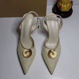 French-Style Hollow-Out Female Heeled Sandals Sexy Classic Ladies Mules with Metal Petal Ornament