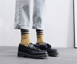 Trendy Women Platform Tassel Loafers Lug Sole Genuine Leather Fringe Slip on Round Toe British Style Unisex Men Dress Shoes