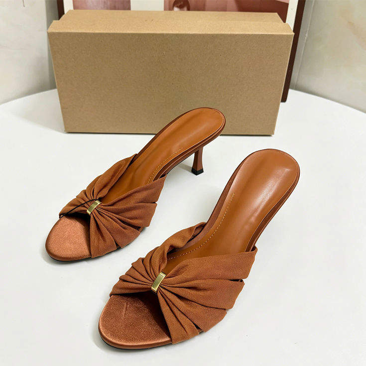Women Orange Pleated Kitten Heel Sandals Stylish Twisted Knot Design With Gold Ring Detail Comfortable Summer Slip on Mules