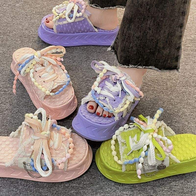 Pearl Sandalias Con Plataforma Candy Bow Lace Slides Fashion Outdoor Casual Shoes Pink Sandals