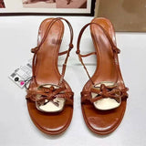 Women's Summer Professional Single-Strap Heeled Sandals, Fashionable Brown Style with Metallic Embellishments