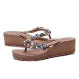 Summer Beach Crystal Rhinestone Handmade Wedge Shoes Female Ladies Flip Flops Slippers