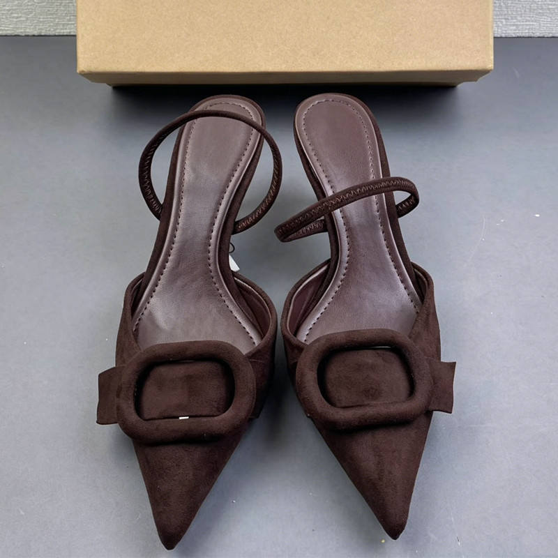 Brown Retro Faux Suede Women Backless Slingback Mule Heels Sandals Pointed Toe Slim High Heel Fashion Sandals