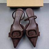 Brown Retro Faux Suede Women Backless Slingback Mule Heels Sandals Pointed Toe Slim High Heel Fashion Sandals