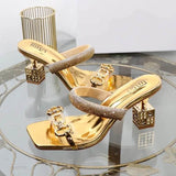 Unique Chaussures Dames De Luxe Talon Square Toe Gold Fashion Trending Women Ladies Fancy Heels