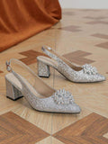 Glitter Pearl Flower Pointed-toe Women's Sexy Block Heel Sandals Silver High-heeled Shoes Pumps