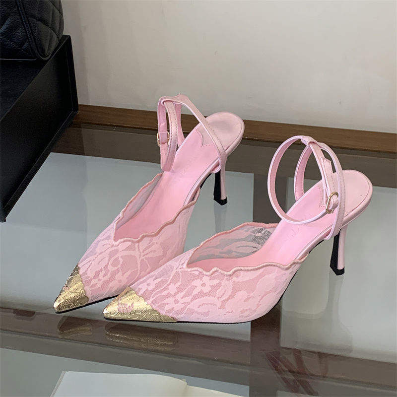 Sandale a Talons Femme Women's Lace Pointed Toe Stiletto Heels Metallic Gold Tip Ankle Strap Pumps for Party & Wedding