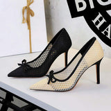 New Spring Autumn Women Pumps Pointed Toe Thin Heel Sweet Mesh Shoes Elegant Bow-knot Shallow Slip-on High Heels