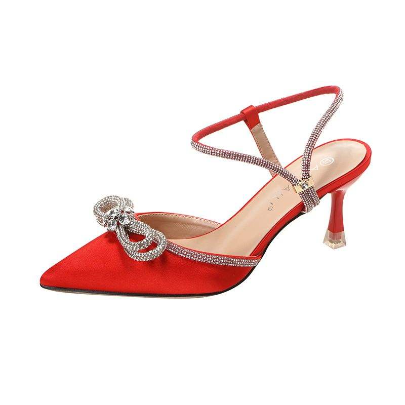 Size 32-43 Rhinestone Bow Sandalias Tacones Brand Pointed Toe Trendy Mules Ladies 2025 Pencil Sexy Summer Heels
