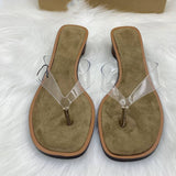 New Women's Wooden Heel Flip Flops Transparent PVC Round Toe Casual Sandals Comfortable Ladies Slippers