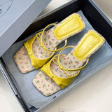 Wedge Sandals Women's Cute Floral Print Slipper Casual Bow Square Toe Slip-On Heels