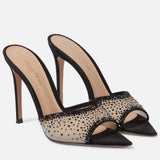 Women's Rhinestone Mesh Pointed Toe Stiletto Mule Sandals Soft Insole Slip on Ladies Sexy Heeled Sandals