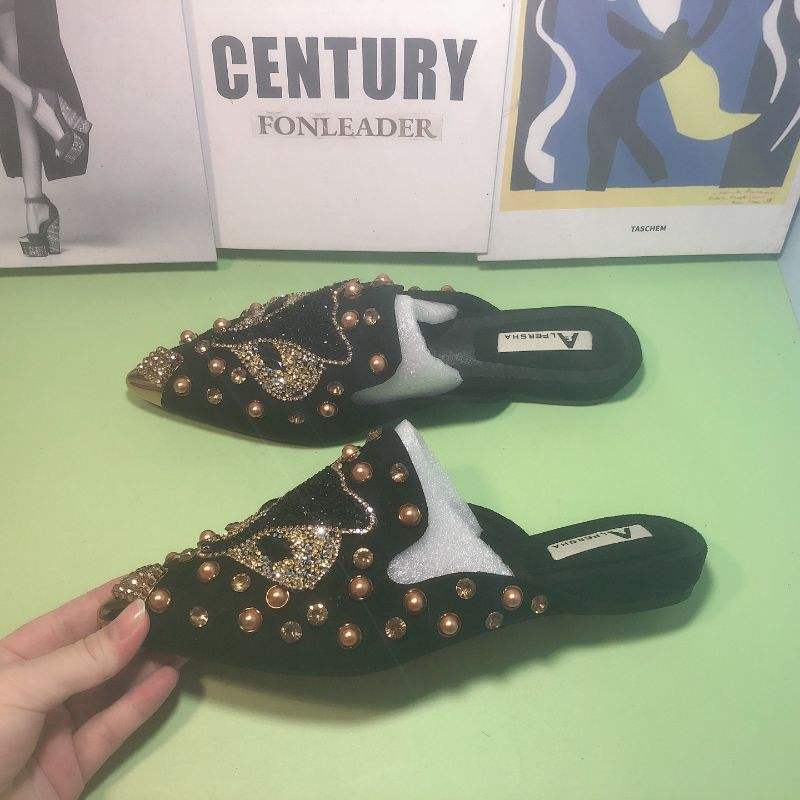 Korean Fashion Casual Outdoor Slippers Closed Toe Female Women Loafer Flat Shoes with Diamonds