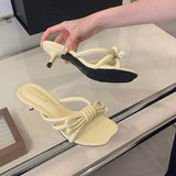 Cream Bow Knot Kitten Heel Mules for Women Elegant Square Toe Slip On Heeled Sandals Comfortable Summer Dress Shoes Slippers