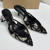 Women Quality Casual Shoes Ladies' Heeled Sandals Black and Gold Sequin Beaded Peep-Toe Back-Strap Pumps