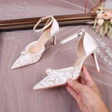 Wedding White Talons Dames Luxury Slingback Sandals Lace Pearl Shoes Women Heel for Ladies