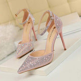 Zapatos Mujer Tacon Pumps Design Crystal Rhinestone Pink Glitter Sandals Ladies Pointed Toe Heels for Women Dress Shoes