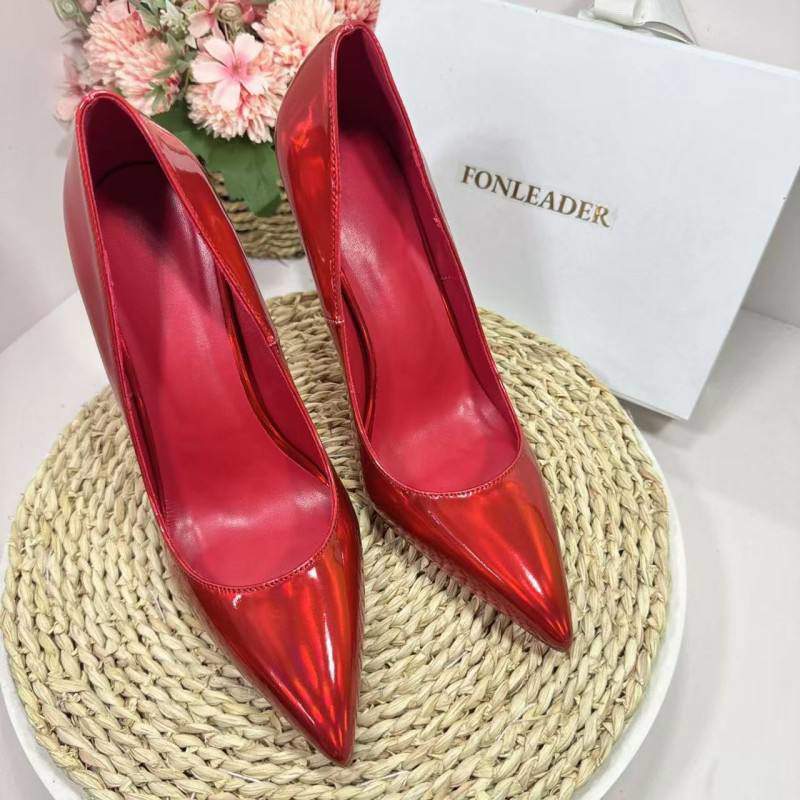2025 New Laser Gold High Heels 12CM Pointed Fine Heels Red 8CM Women's Shoes