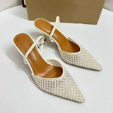 Fashionable Closed-Toe Women's High Heel Sandals Mesh+PU with Artificial Pearls, Pointed Stiletto Heel for Western Style