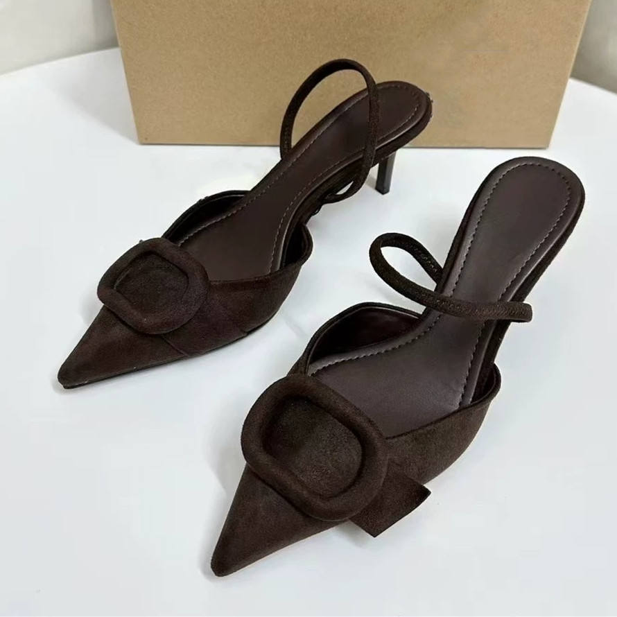 Summer Pointed-Toe Women's Blue Heeled Sandals, Fashion Faux Suede Square-Buckle One-Strap Backless Style