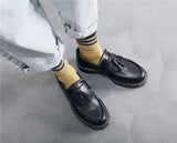 Trendy Women Platform Tassel Loafers Lug Sole Genuine Leather Fringe Slip on Round Toe British Style Unisex Men Dress Shoes
