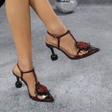 Sandales Pour Femmes Women's 3D Lace Flower Pointed-toe Irregular-heel Sandals - Party Style Burgundy High Heels Shoes