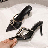 Latest Fashion Estilo De Tacones Women Black Satin Pointed Toe Mules Rhinestone Crystal Slide Sandals Stiletto Heel