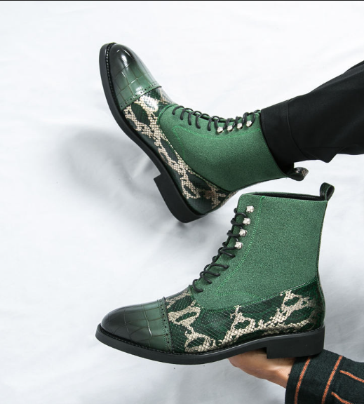 Pointed Toe Green Snake Pattern Classic Designers Good Quality Fashion Durable Dress Shoes Men Ankle Boots