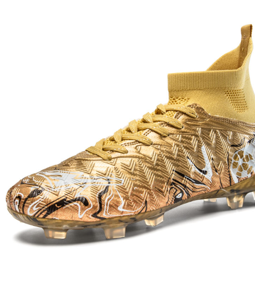 Men's High-top Knitted Soccer Cleats Gold Firm Ground Football Boots Breathable Lightweight Outdoor Athletic Shoes with Studs
