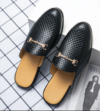 Men Quilted Backless Loafer Slip on Gold Metal Accent Horsebit Detail Cushioned Insole Breathable Lining Slides Slippers for Men