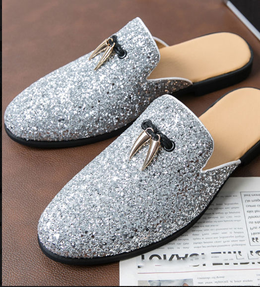Glitters Shining Material Tassel Loafers Half Shoes Classic Design Mules Slippers for Men