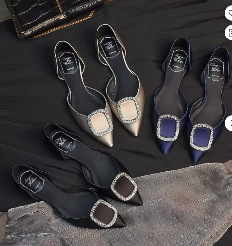 Women's Navy Blue Satin Flats with Crystal Rhinestone Square Buckle Pointed Toe Dress Shoes for Wedding Party