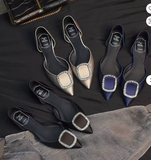 Women's Navy Blue Satin Flats with Crystal Rhinestone Square Buckle Pointed Toe Dress Shoes for Wedding Party
