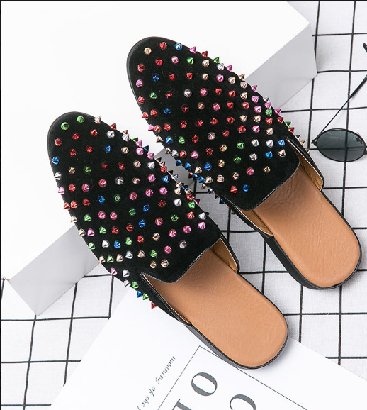 Colorful Spike Rivet Size 38-47 Men Casual Slippers Fancy Slip on Durable Half Loafers Shoes