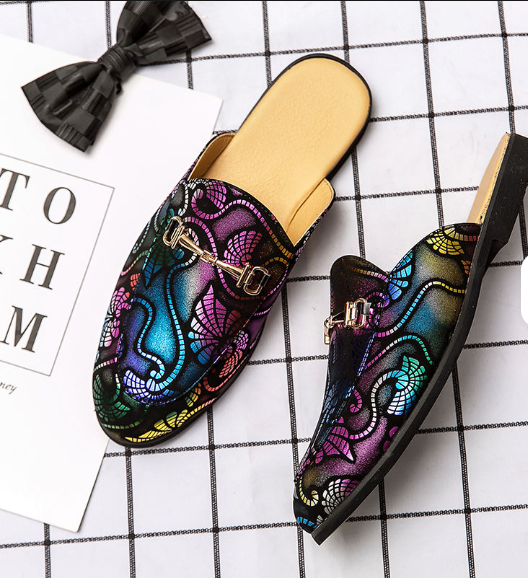 Colorful Printed Synthetic Leather Flat Mules With Metal Buckle Detail Casual Slip on Shoes for Daily Wear Outdoor Outings