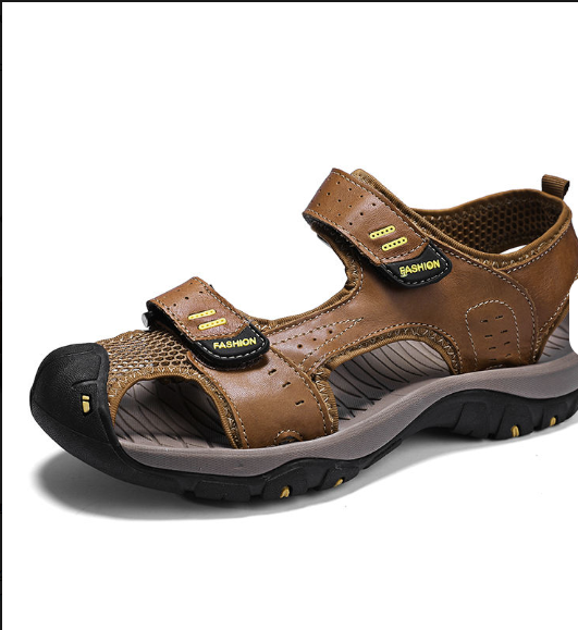 Classic Design Summer Beach Breathable Cowhide Leather Flat Sandals Outdoor Fun Activity Durable Men Casual Shoes