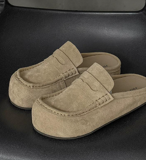 Minimalist Men Suede Leather Platform Mules Penny Loafer Round Toe Chunky Sole Slip on Casual Elegant Backless Loafers Cream