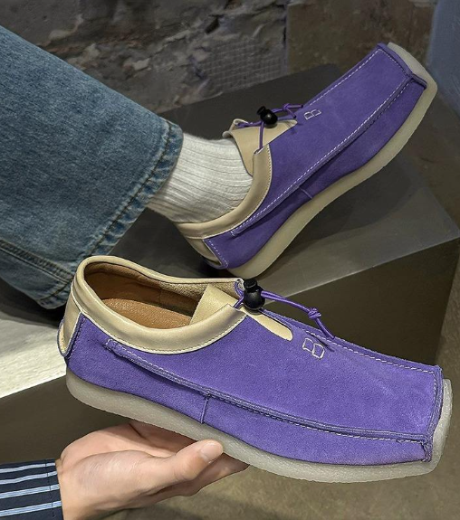 Men Purple Suede Leather Moccasins Square Toe Loafers with Toggle Lace Thick Crepe Sole Comfortable Streetwear Fashion Flats