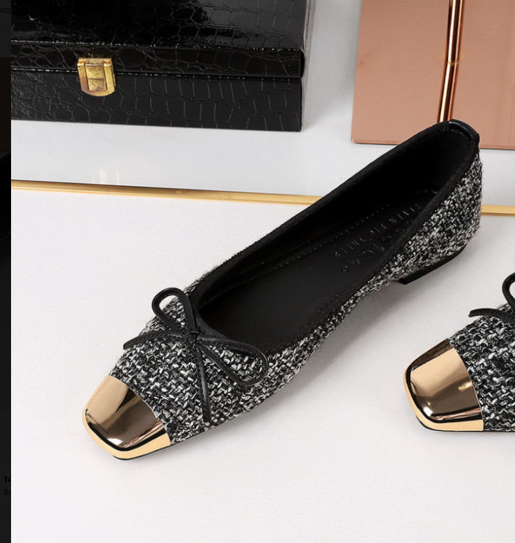 Black White Tweed Bow Ballet Flats Pumps Metallic Gold Square Toe for Women