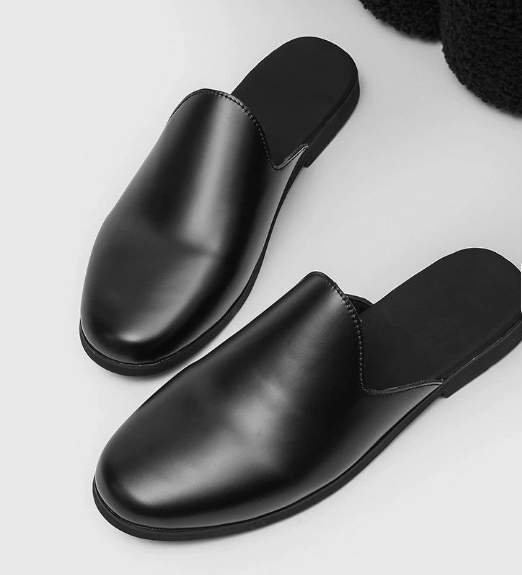 Trendy Minimalist Men Black Patent Leather Mules High Shine Slip on Backless Loafers Formal Casual Dress Shoes Elegant Flats