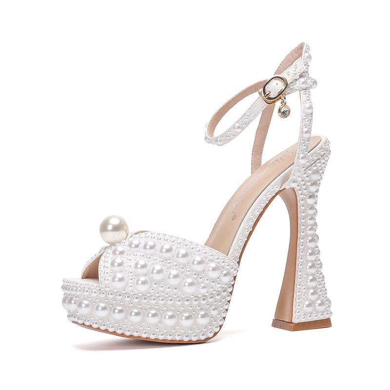 Delicate Pearl Decorated Open Toe Platform High Heel Sandals for Ladies Ankle Strap Formal Shoes for Bridal Evening Occasions