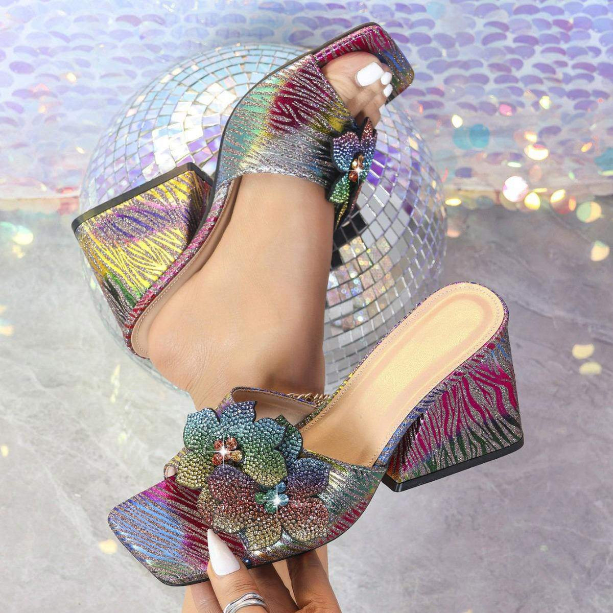Women's Sparkly Sequin Fabric Sandals With Chunky Block Heel Floral Embellishments for Evening Party Club Occasions