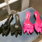 Hot Pink 2026 New Fashion Pointy Toe Silk Low Heels Sandal Women Slip on Mules