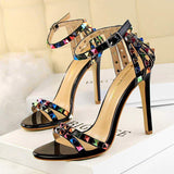 Sandales a Talons Hauts Women's Stiletto Heel Roman Sandals High Heel, Open-Toe with Colorful Rivets