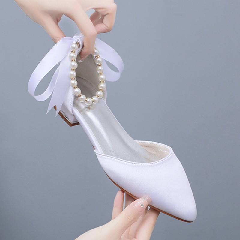 Large Size 43 Flat Satin Wedding Flats Fashion White Pearl Lace Bridesmaid Shoe Lightweight White Shoes
