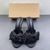 Elegant Women Satin Mules With Oversized Bow Knot Sexy Stiletto High Heel Sandals for Wedding Party Evening Dress Shoes