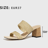 Sandales Pour Femmes Square-toe Woven Ankle-strap Block-heel Sandals for Women Solid Color Minimalist Style