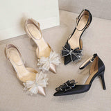 New Arrival Fancy Bow Rhinestone Buckle Strap Pointed Toe Heels for Ladies